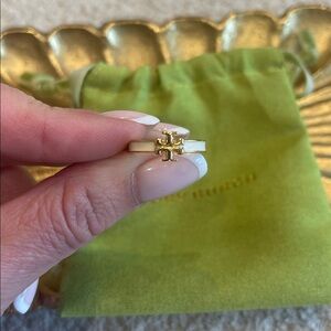 Tory Burch White Enamel Ring with Gold Double-T Logo - Size 6
